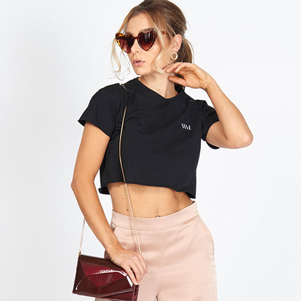 Loose Fit Branded Cropped T-shirt in black