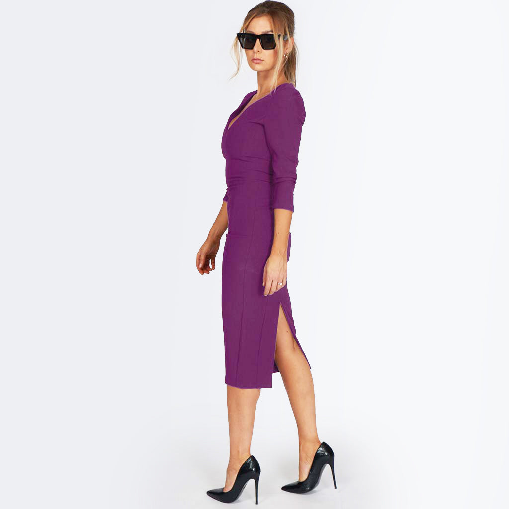 The Dita V-Neck 3/4 Sleeve Dress in purple