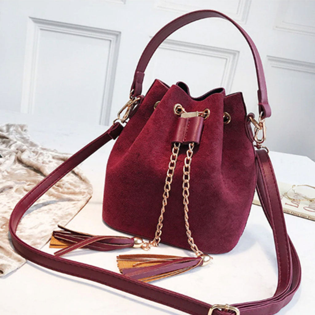 The Emma Suede Effect Bucket Bag in burgundy