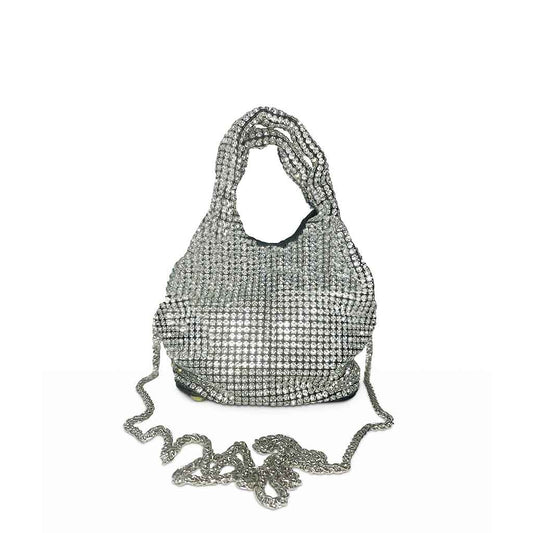 The Gracie Rhinestone Mini Bucket Tote Bag in silver
