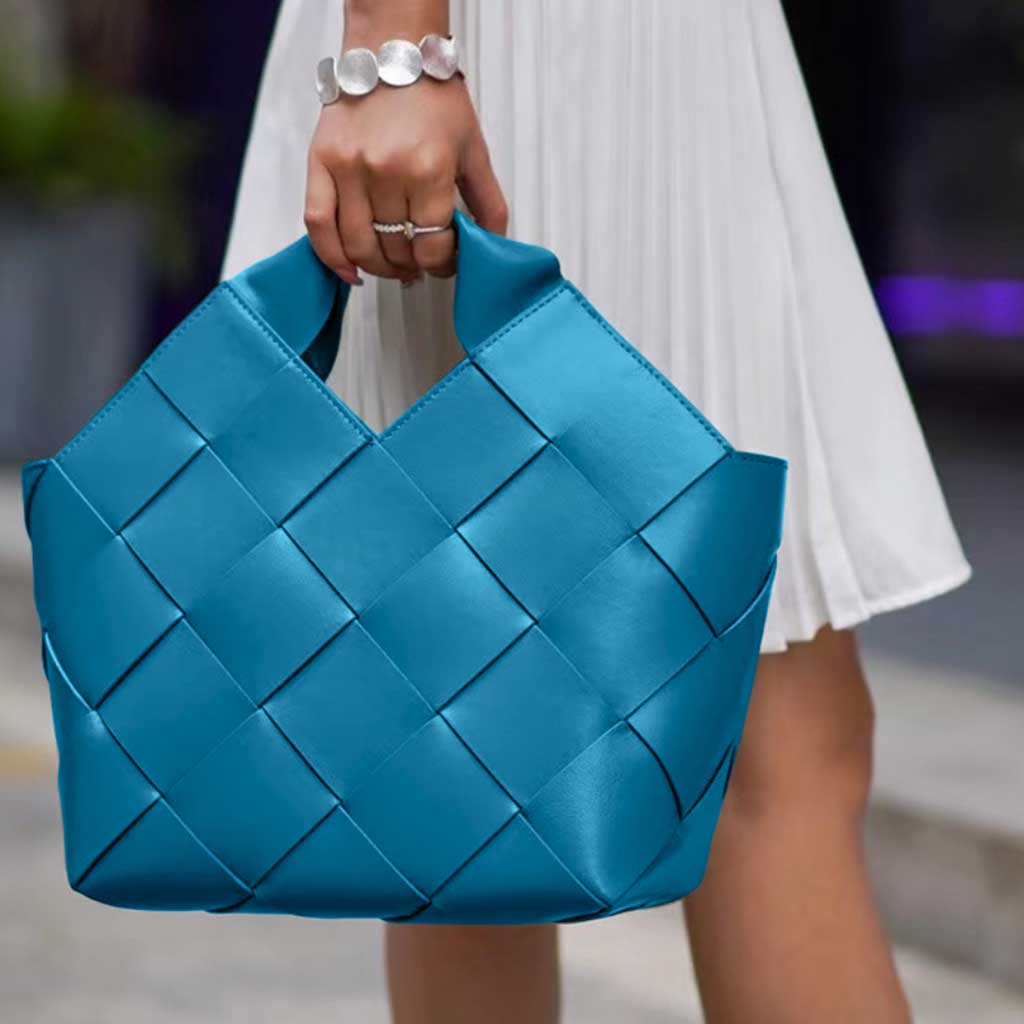 The Julia Leather Woven Tote bag in teal