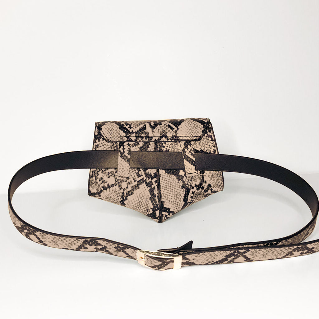 The Lottie Belt Bag in black and sand snake effect