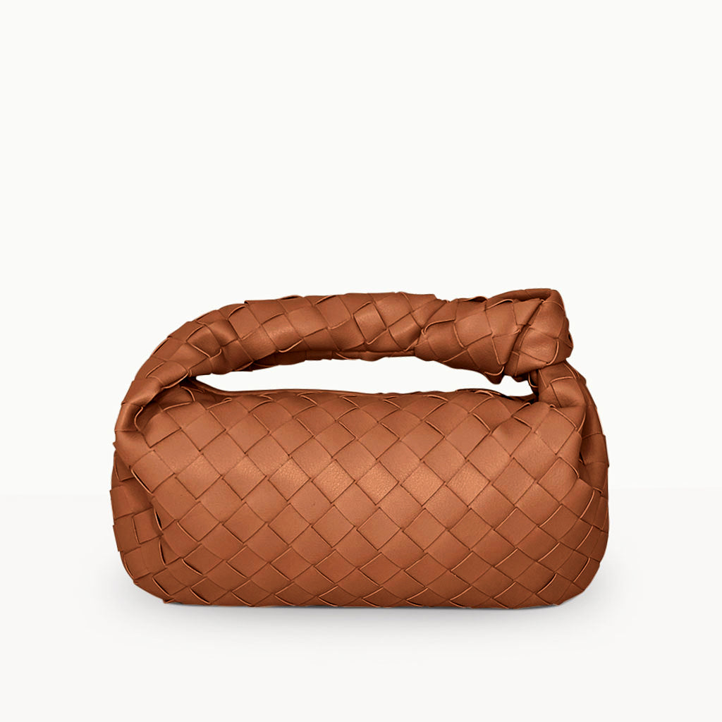 The Small Margaux Leather Weave Cloud Bag in tan