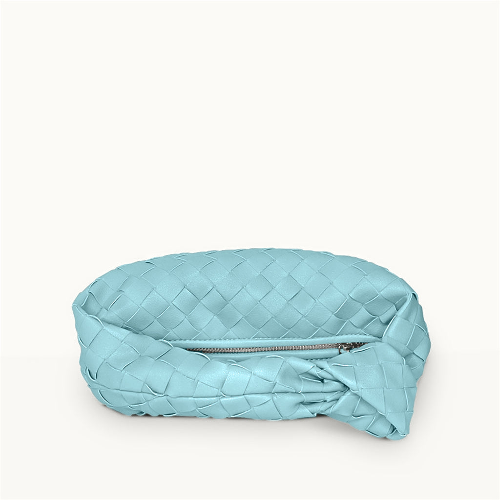 The Small Margaux Leather Weave Cloud Bag in pale blue