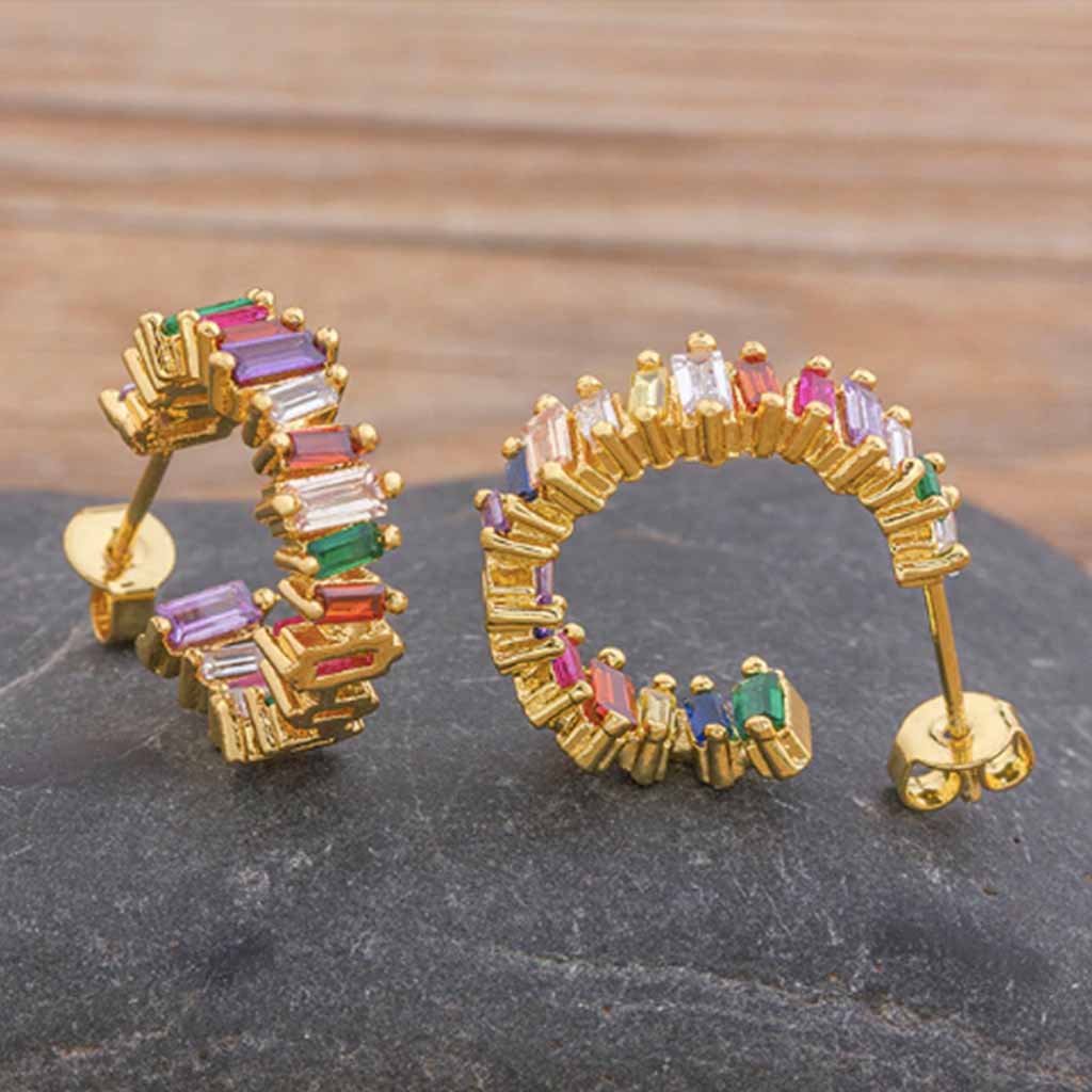 Small Rainbow Cluster Hoops Earrings in gold