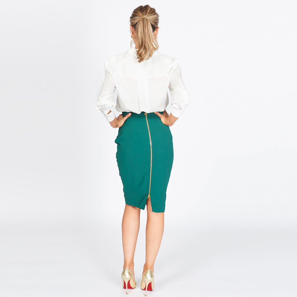 The Lara Rouched Pencil Skirt in dark green